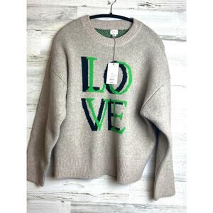A New Day Women’s XL Tan Knit Sweater Green LOVE Logo Stitching Pullover NWT